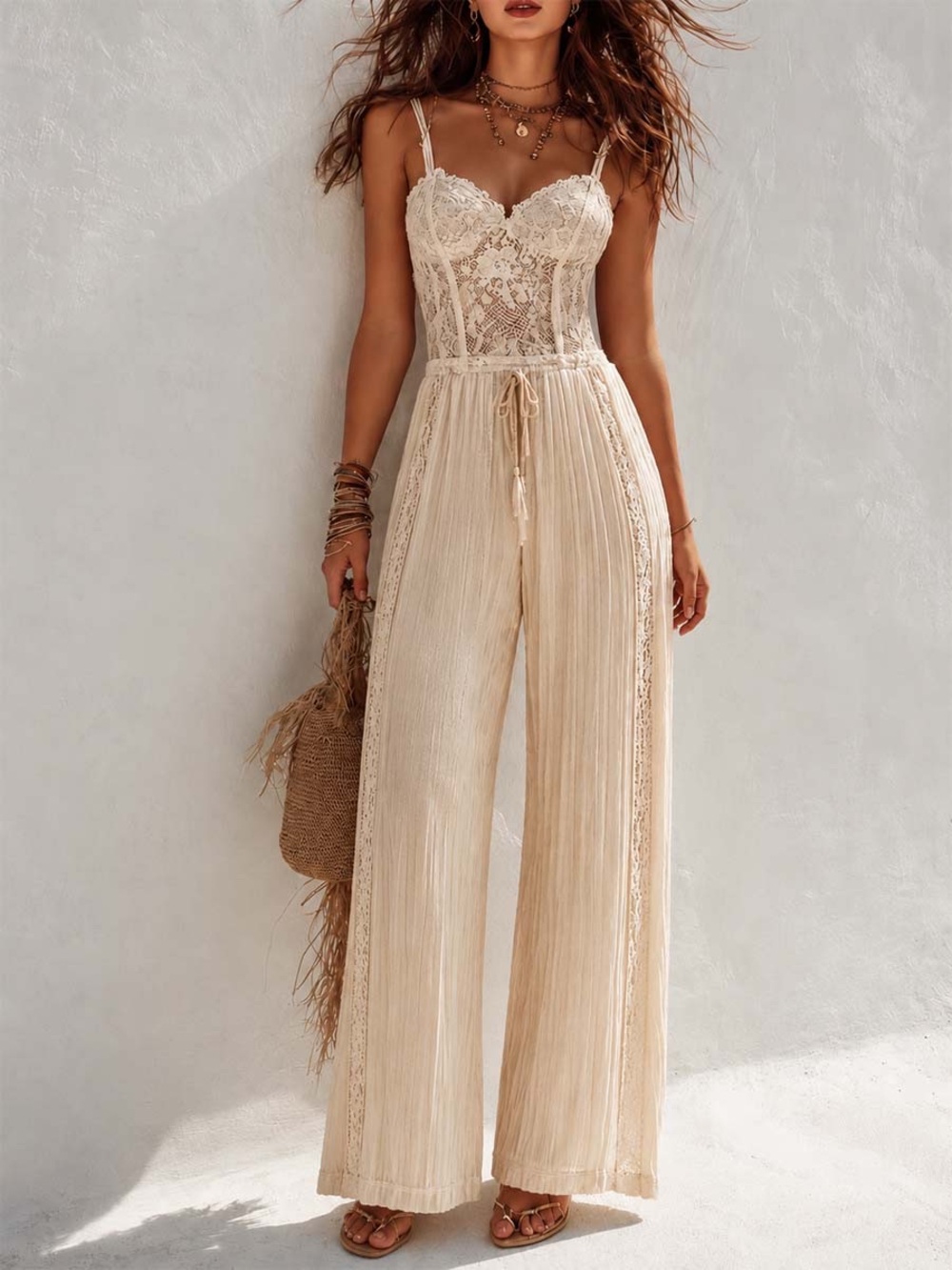 FuTario Bohemian Cream Lace Corset And Pleated Wide-Leg Jumpsuit